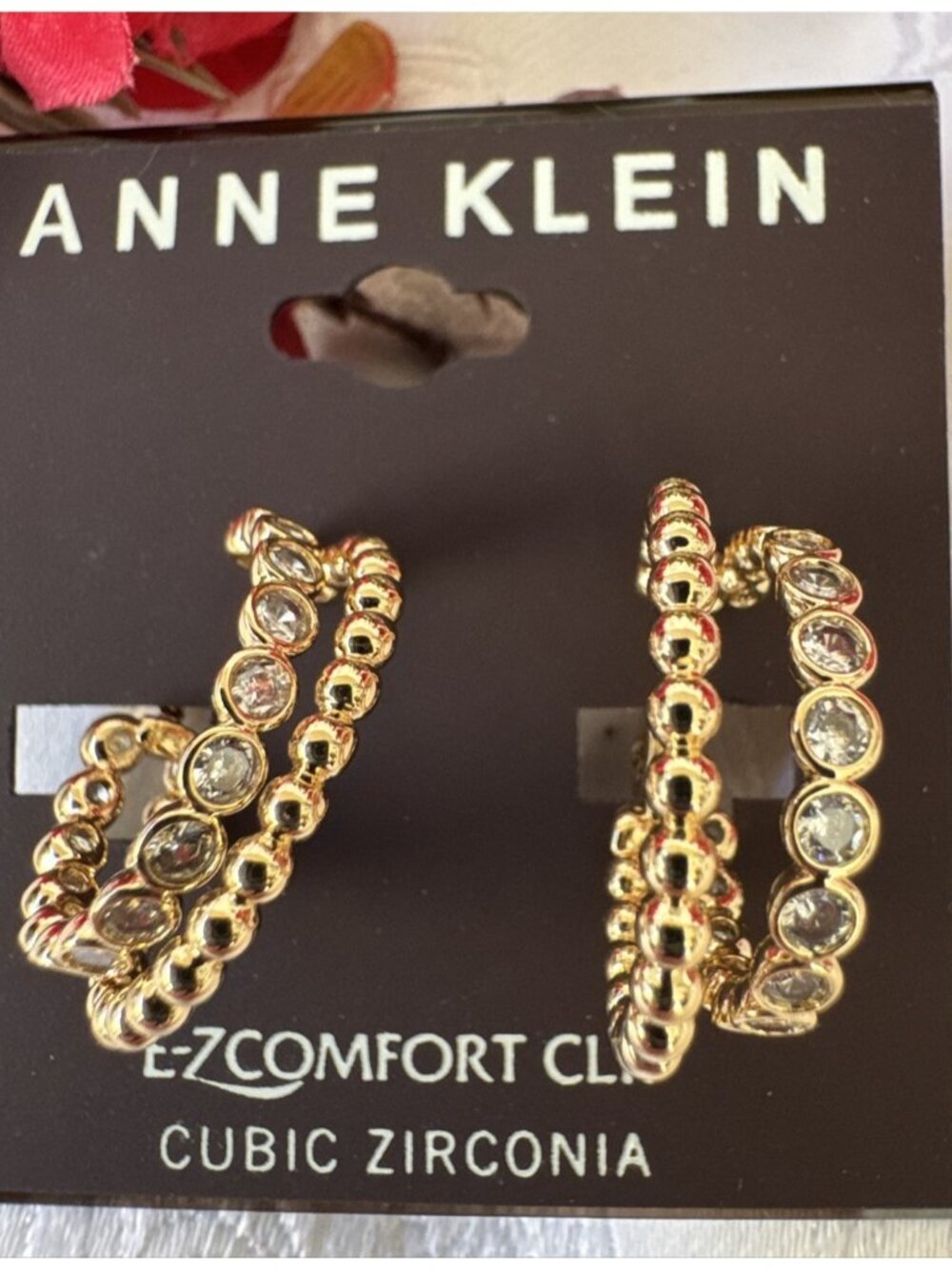 Anne Klein Textured Double Golden Hoop CZ Clip On Earrings Classic 1.25" NEW $28